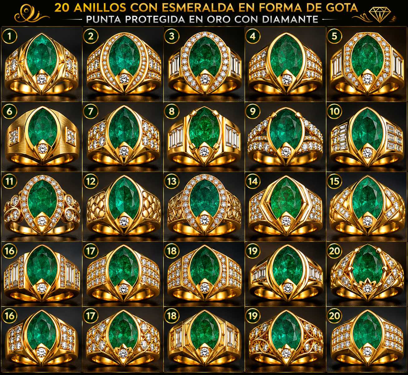 Anillos Oro Diamantes y Esmeralda Forma Gota